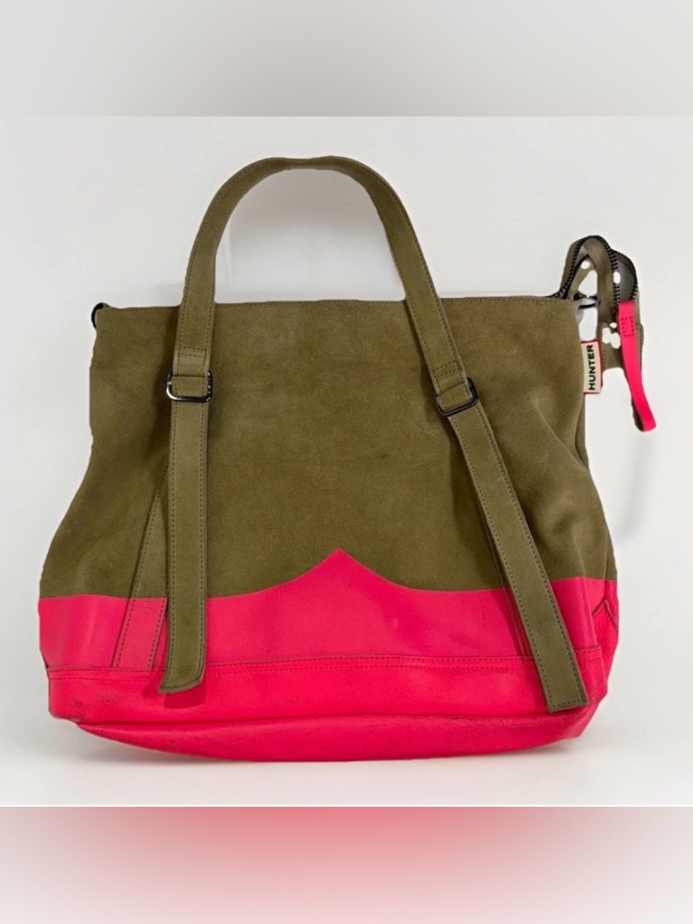 Hunter Suede & Leather Tote Bag Tan Pink Neon Trim Shoulder Bag Zip Pocket
